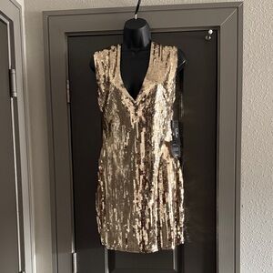 Lulu's Gold Sequin V-Neck Mini Dress